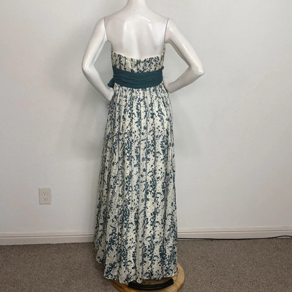 BCBGMaxAzria Green White Floral 100% Silk Strapless Maxi Dress Size 6 - Picture 6 of 10